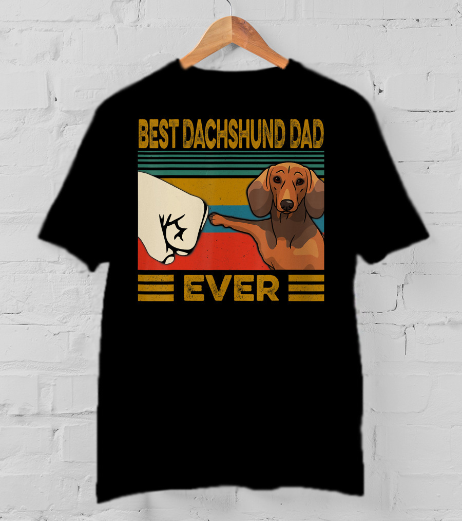 Best Dachshund Dad Ever Fist Bump Retro Stripes T-Shirt