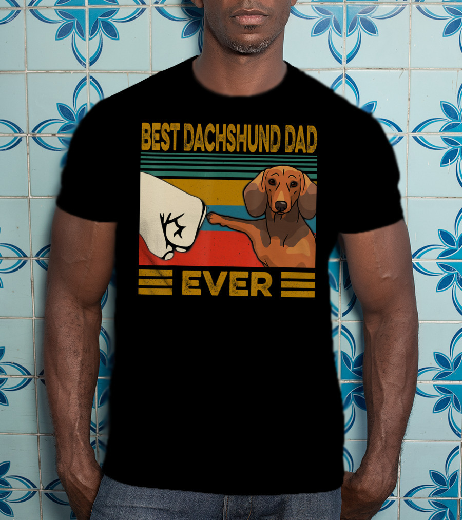 Best Dachshund Dad Ever Fist Bump Retro Stripes T-Shirt