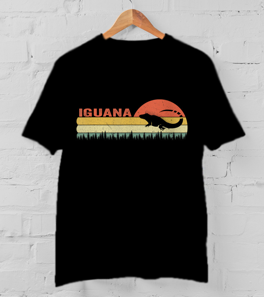 Iguana Silhouette Retro Sunset Forest Stripes T-Shirt