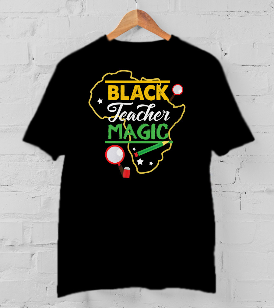 Black Teacher Magic Africa Map Magnifying Glass Pencil Eraser T-Shirt