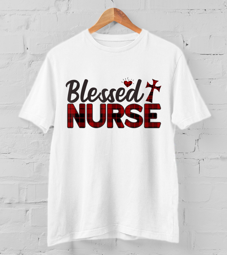 Blessed Nurse Plaid Heart Cross Christian T-Shirt