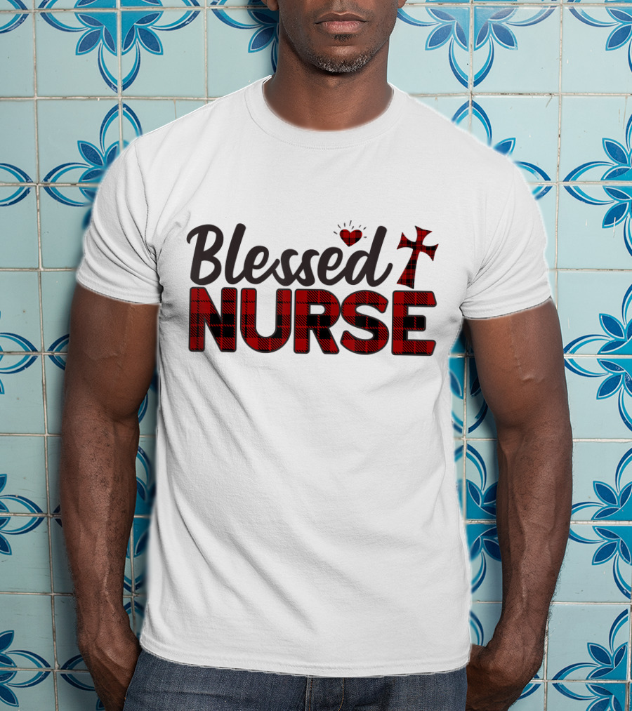 Blessed Nurse Plaid Heart Cross Christian T-Shirt