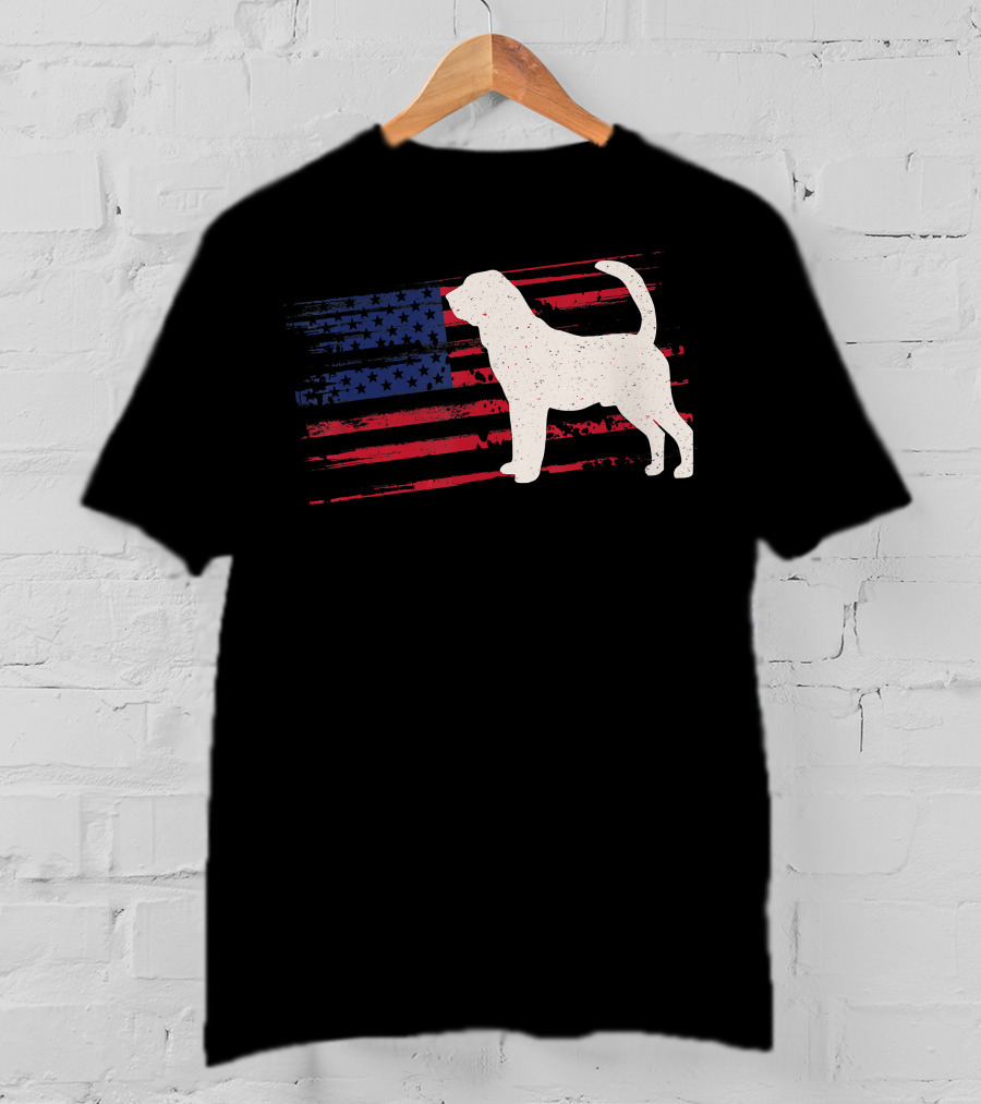 Bloodhound Puppy Silhouette With Distressed American Flag Background T-Shirt