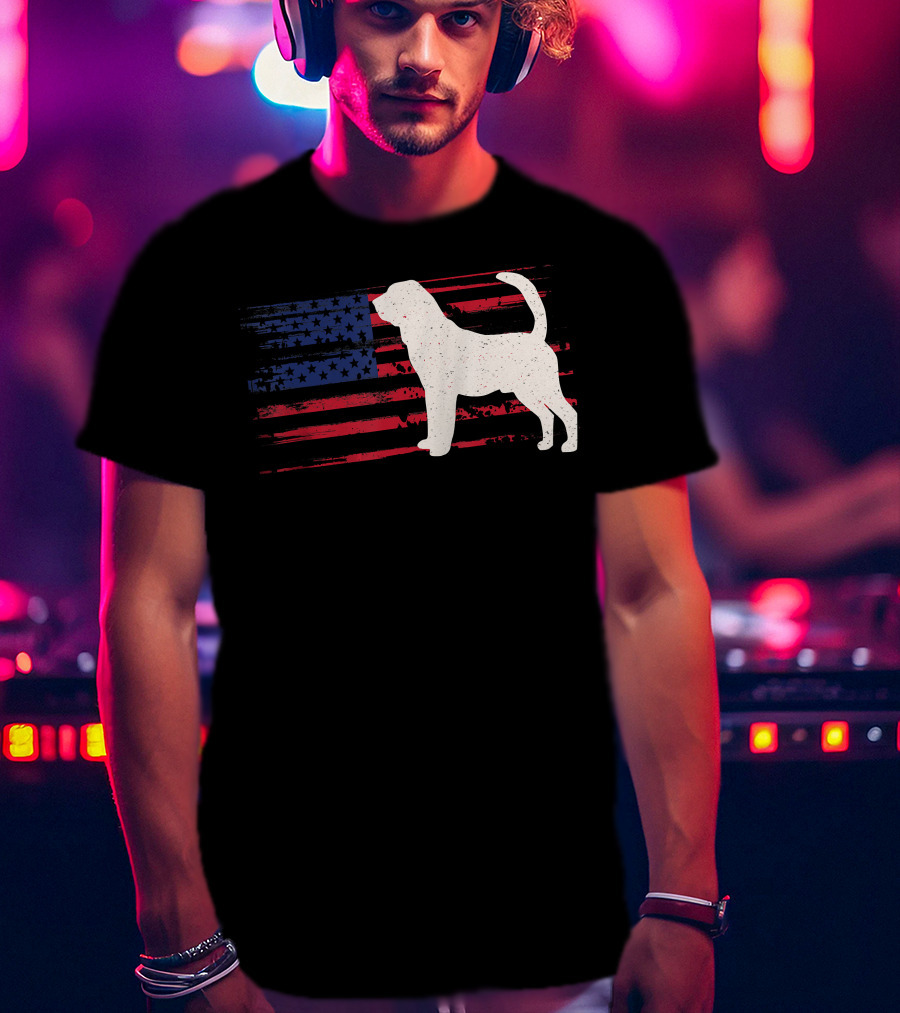 Bloodhound Puppy Silhouette With Distressed American Flag Background T-Shirt