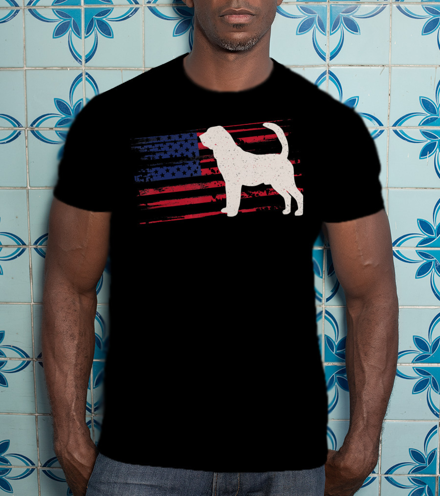 Bloodhound Puppy Silhouette With Distressed American Flag Background T-Shirt