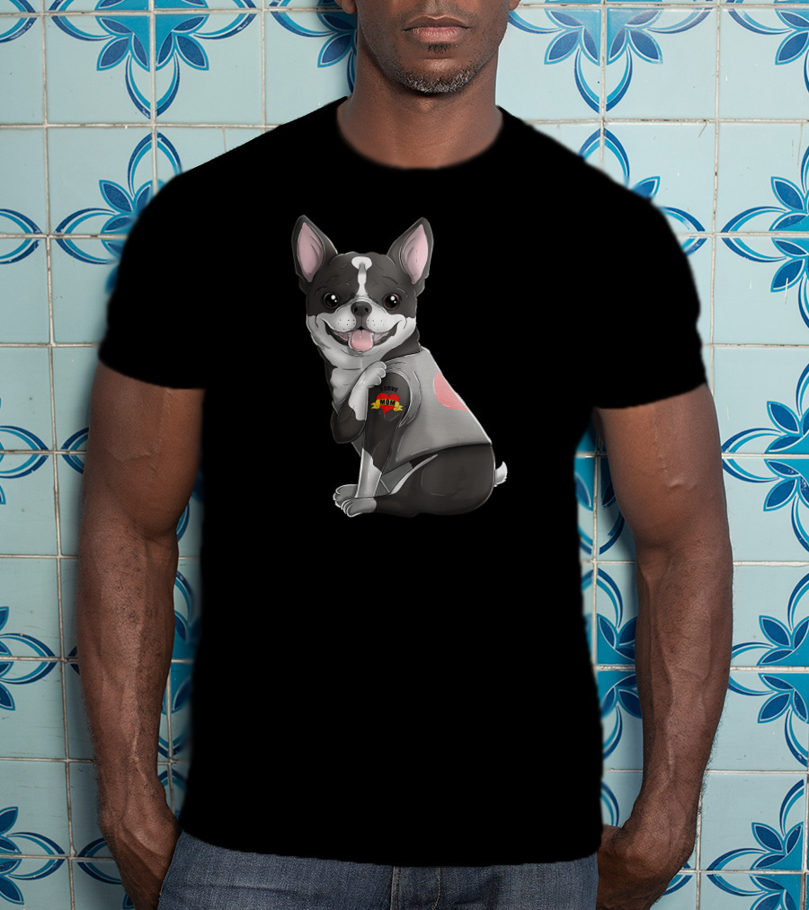 Boston Terrier I Love Mom Tattoo Dog With Heart And Banner T-Shirt