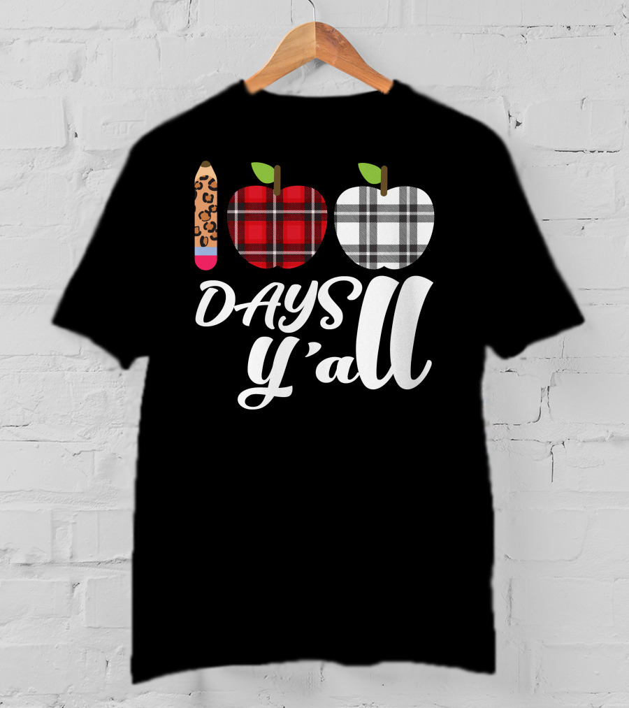 Buffalo Plaid Leopard Pencil 100 Days Y'all Apples T-Shirt
