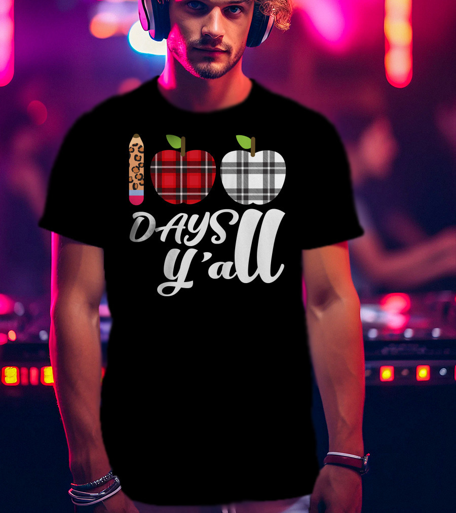 Buffalo Plaid Leopard Pencil 100 Days Y'all Apples T-Shirt