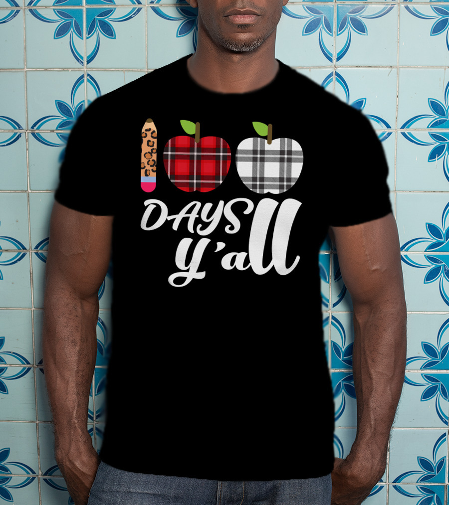 Buffalo Plaid Leopard Pencil 100 Days Y'all Apples T-Shirt