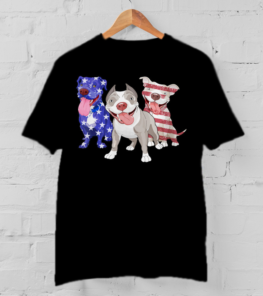 Three Pitbulls American Flag July T-Shirt