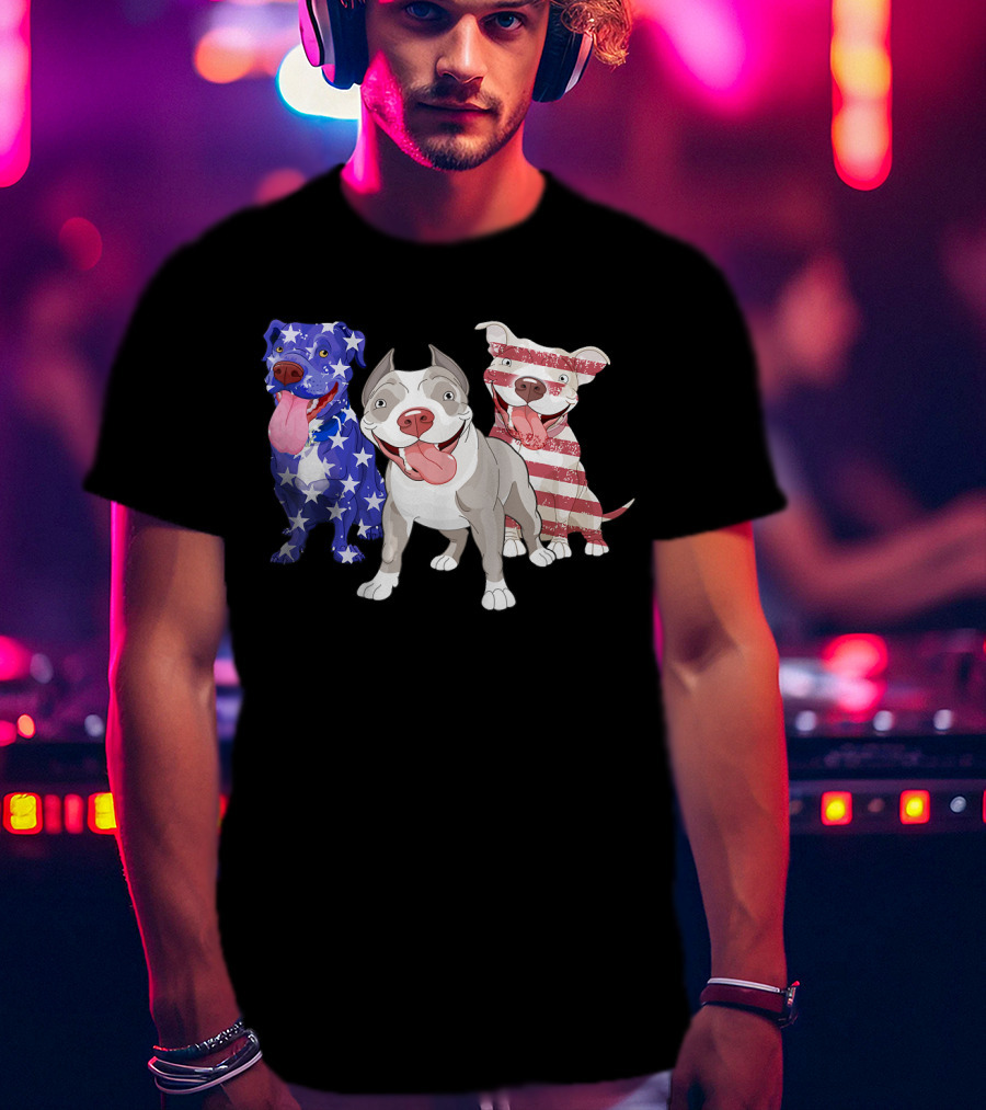 Three Pitbulls American Flag July T-Shirt