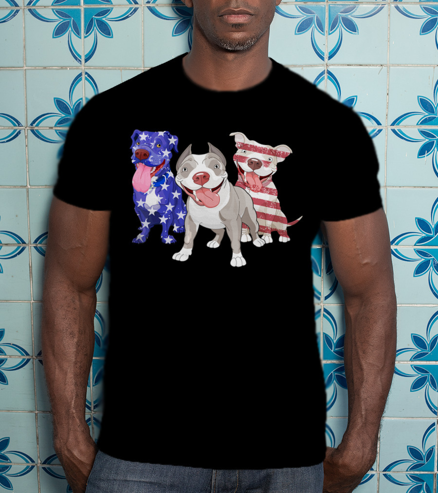 Three Pitbulls American Flag July T-Shirt