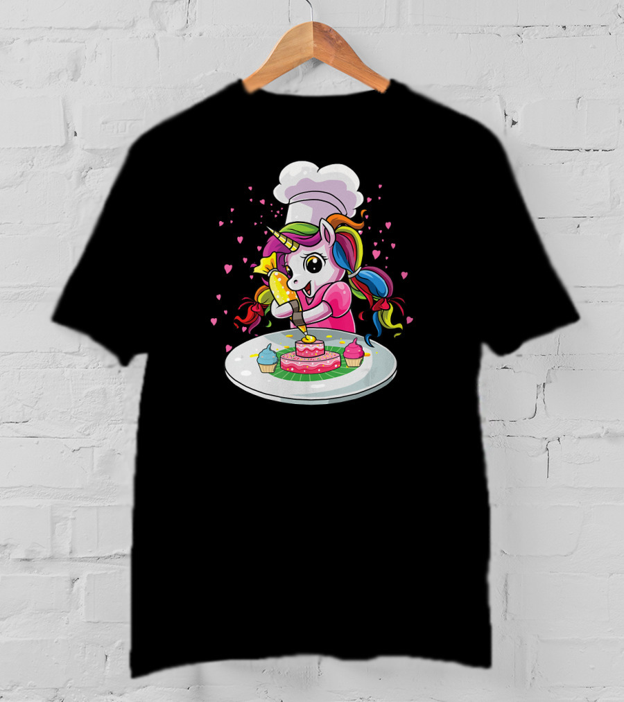 Unicorn Chef Decorating Colorful Cupcakes And Cake T-Shirt