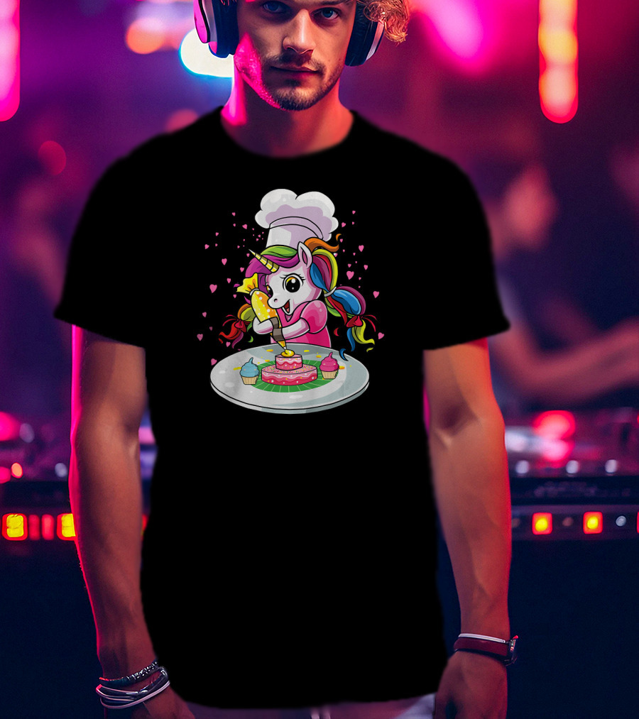 Unicorn Chef Decorating Colorful Cupcakes And Cake T-Shirt