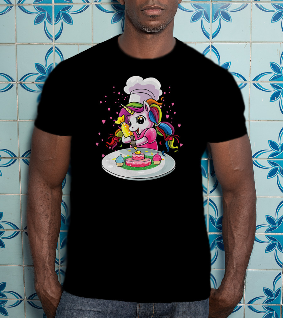 Unicorn Chef Decorating Colorful Cupcakes And Cake T-Shirt