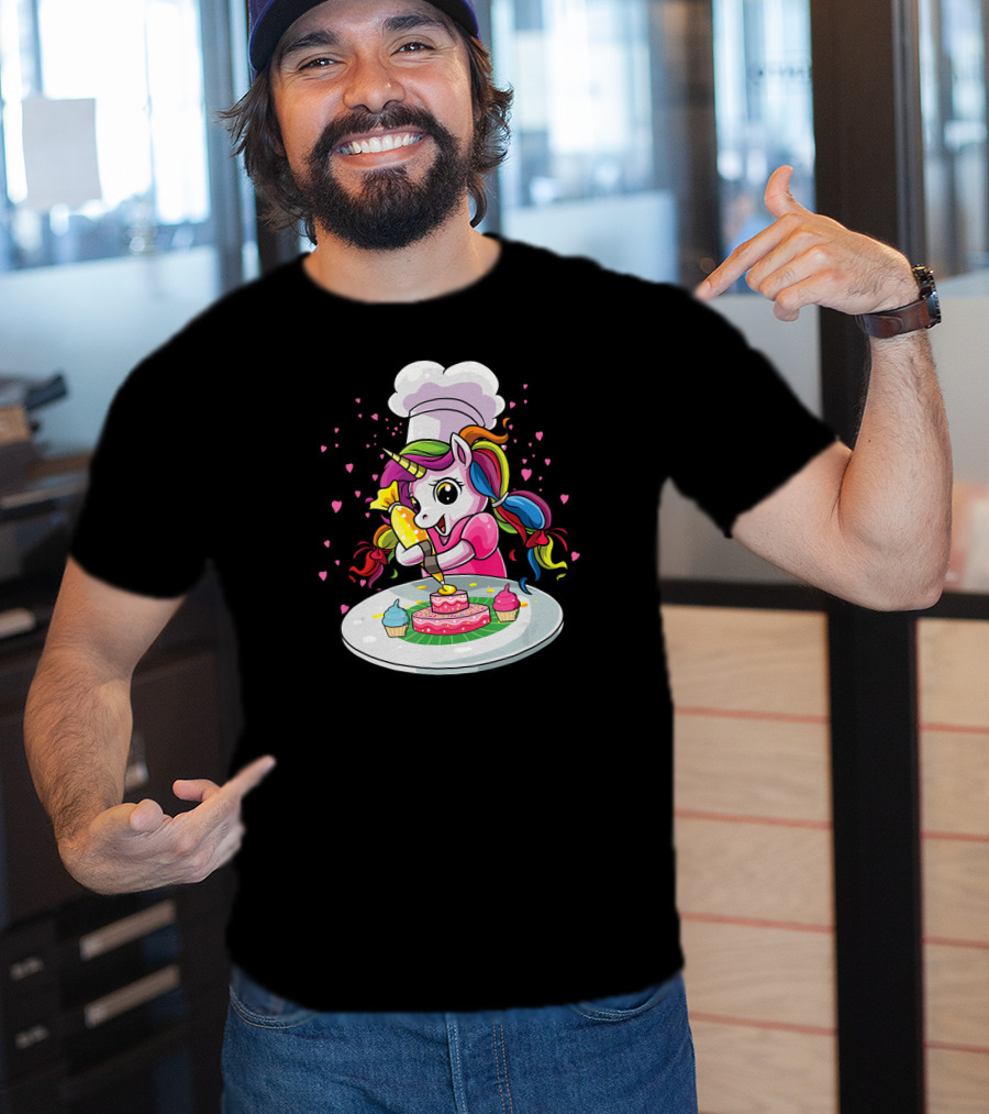 Unicorn Chef Decorating Colorful Cupcakes And Cake T-Shirt