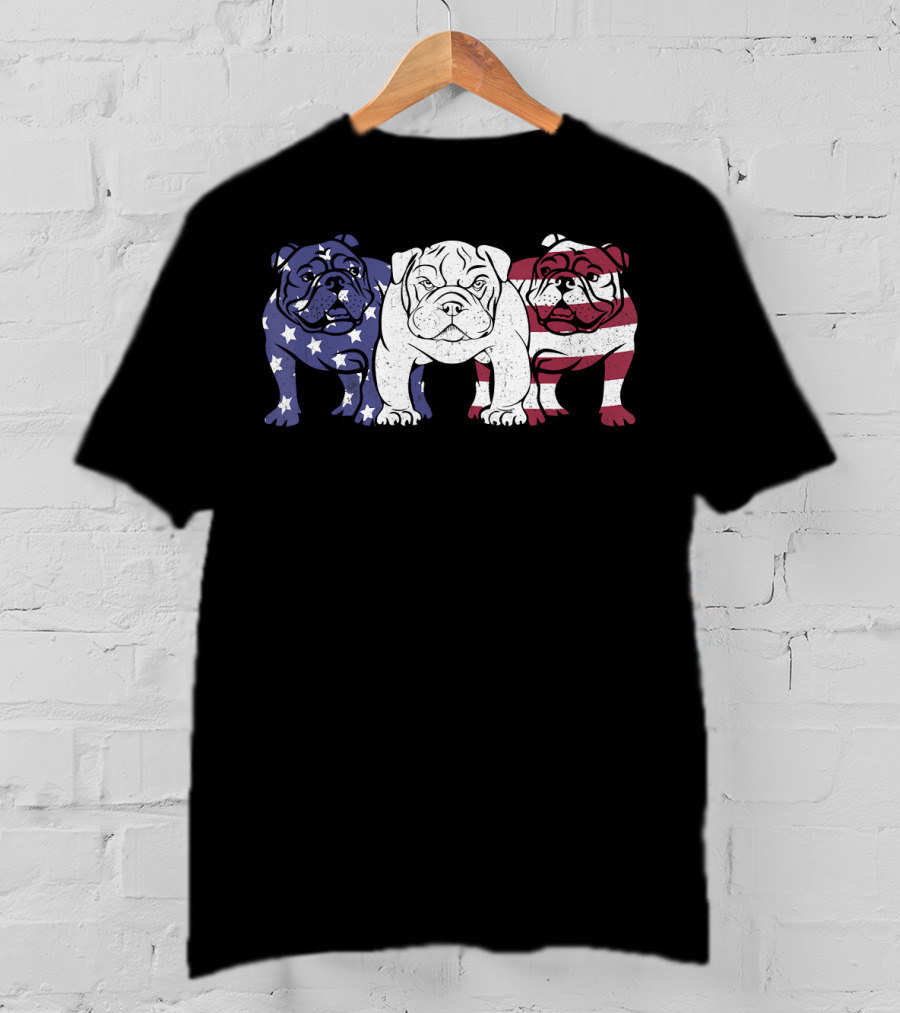 Unique Bulldog Trio American Flag T-Shirt