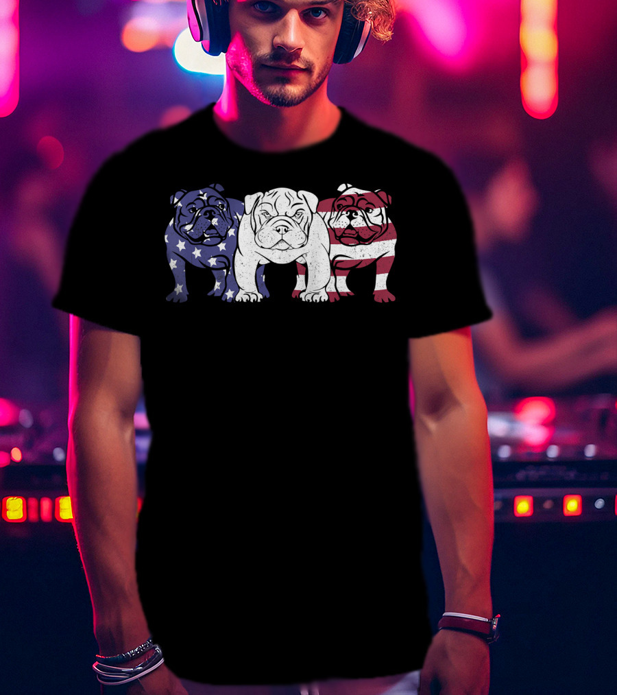Unique Bulldog Trio American Flag T-Shirt