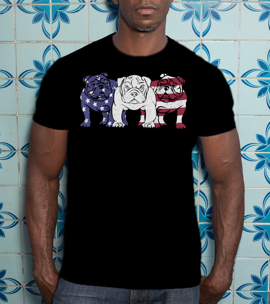 Unique Bulldog Trio American Flag T-Shirt