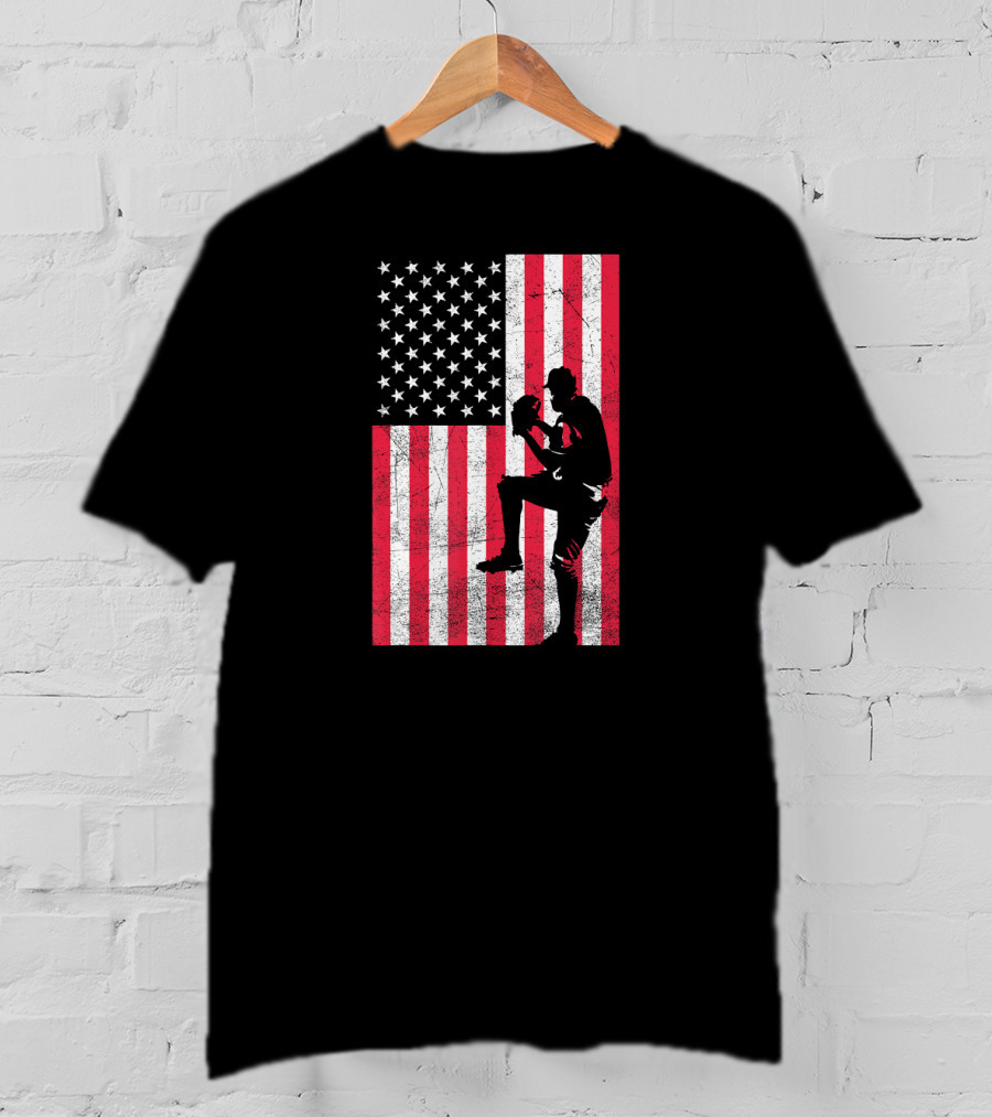 USA American Flag Baseball Pitcher Red White Blue T-Shirt
