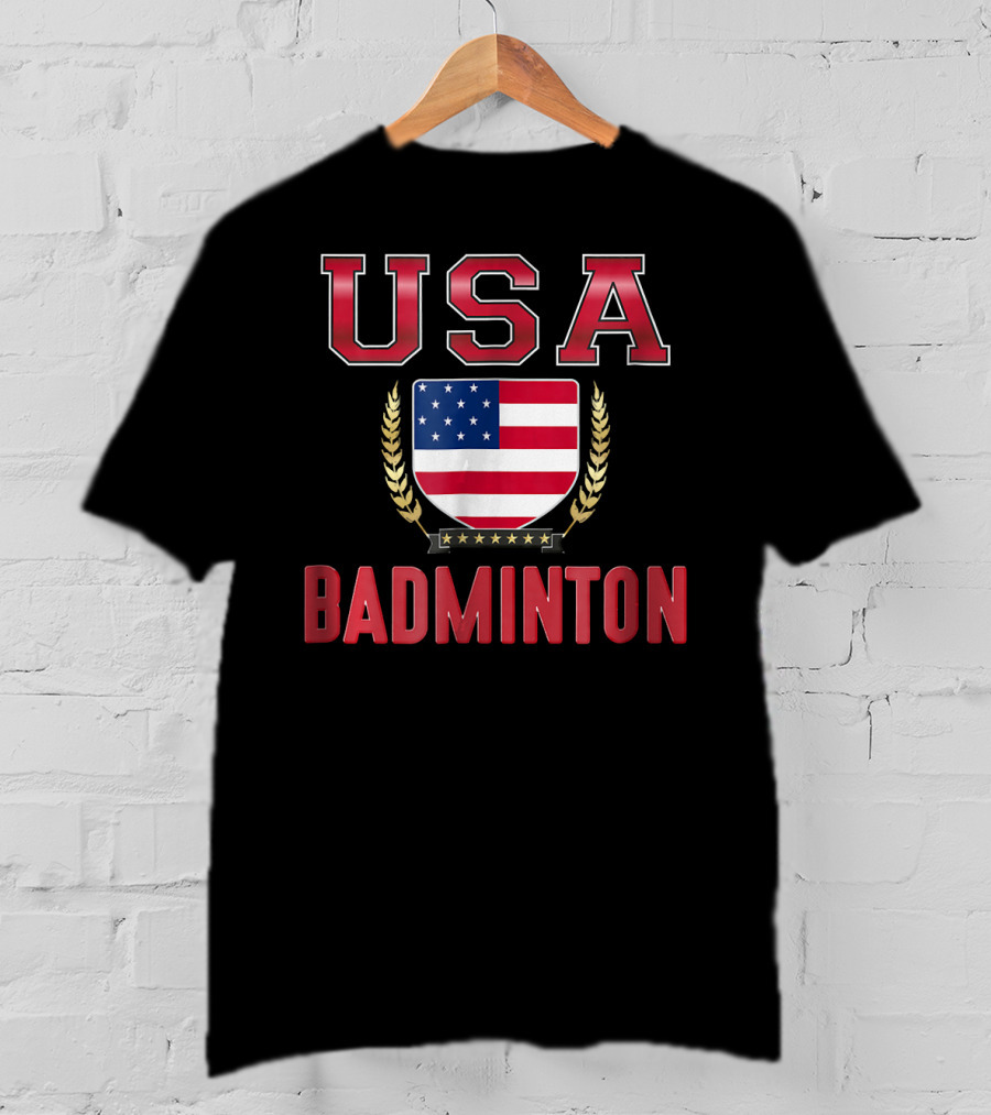 USA Badminton Stars And Stripes Shield Emblem T-Shirt
