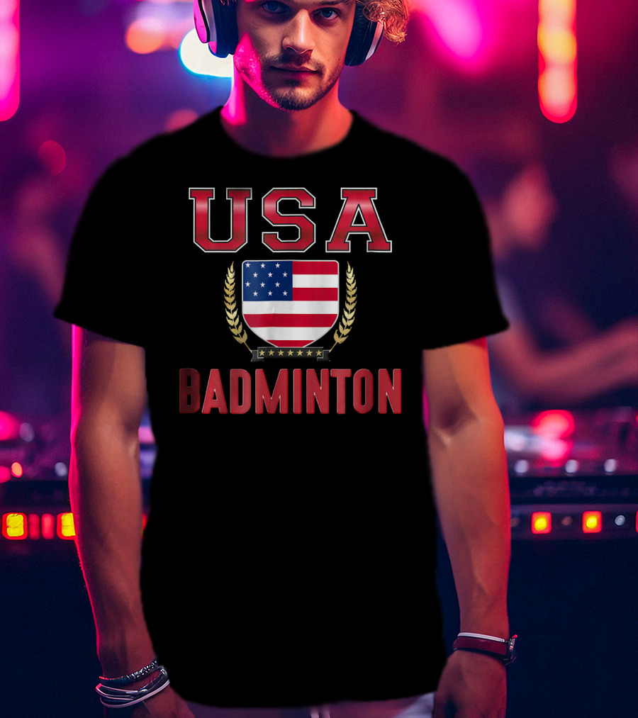 USA Badminton Stars And Stripes Shield Emblem T-Shirt
