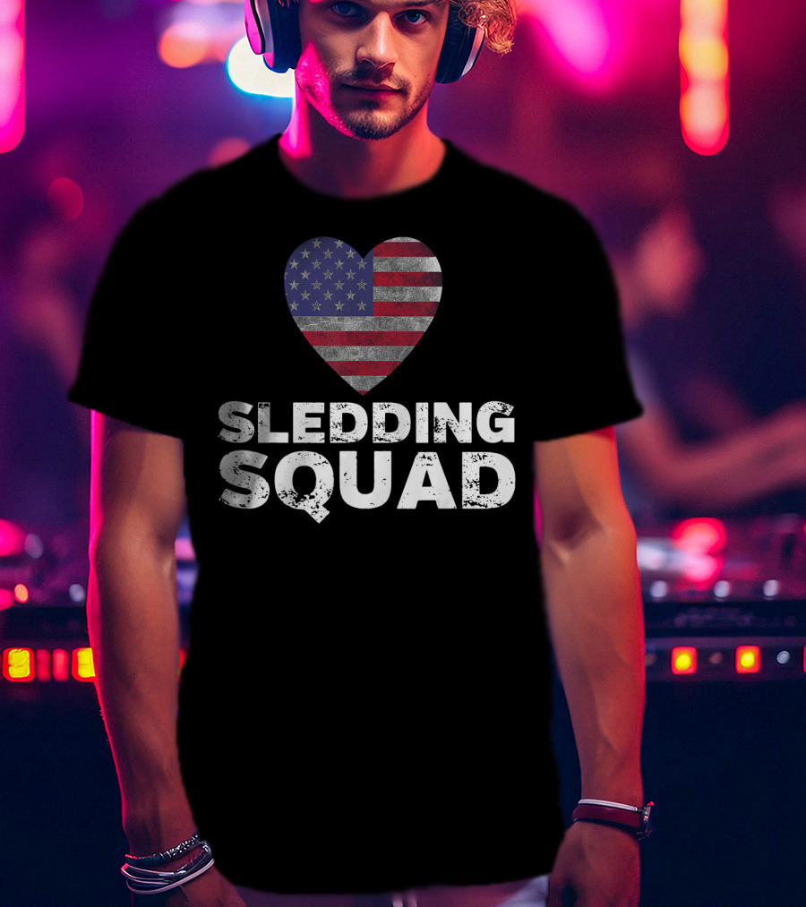 USA Flag Heart Sledding Squad Team T-Shirt