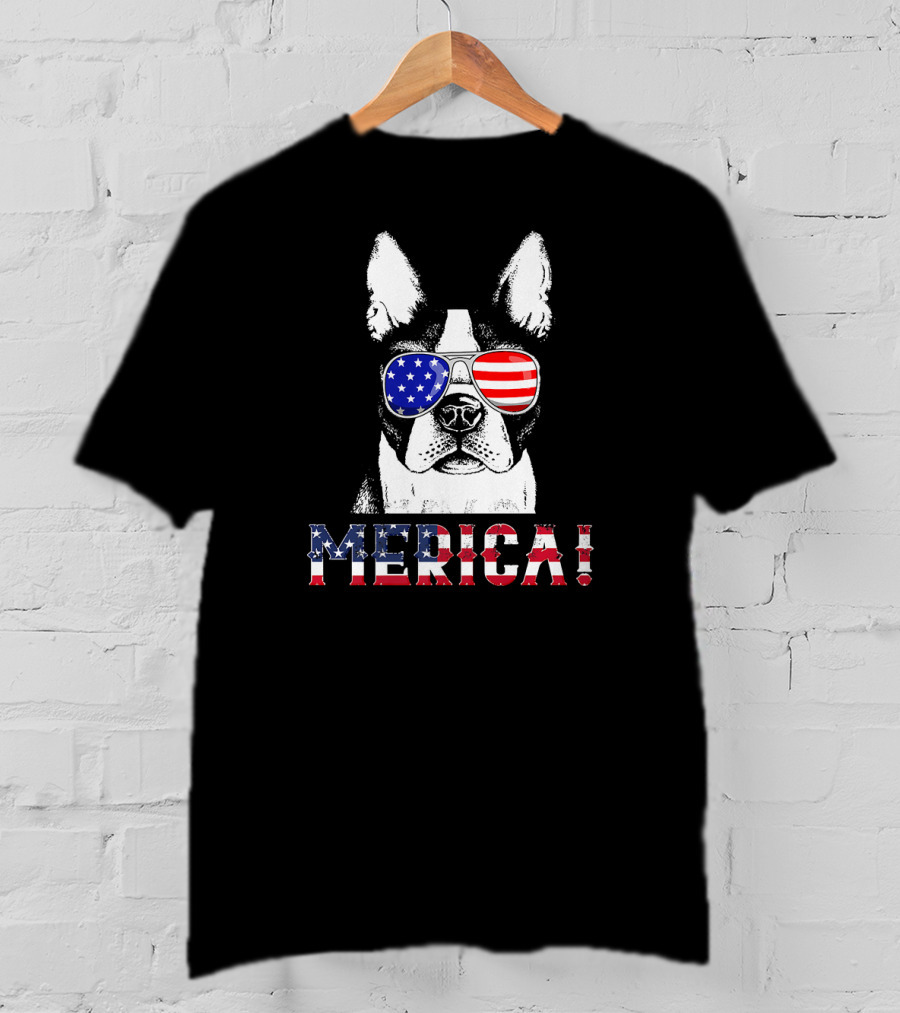 MERICA USA Flag French Bulldog Sunglasses T-Shirt