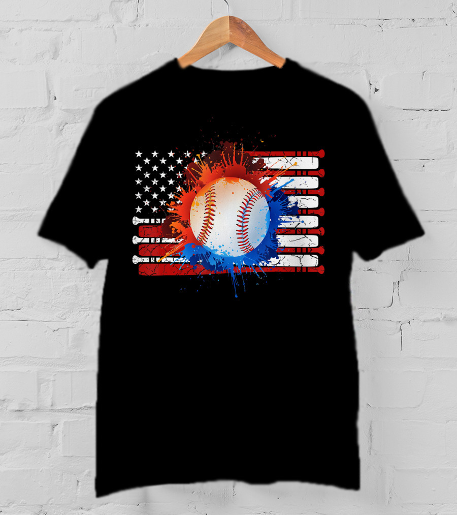 Vintage American Flag Baseball Softball With Paint Splatter And Bat Stripes T-Shirt