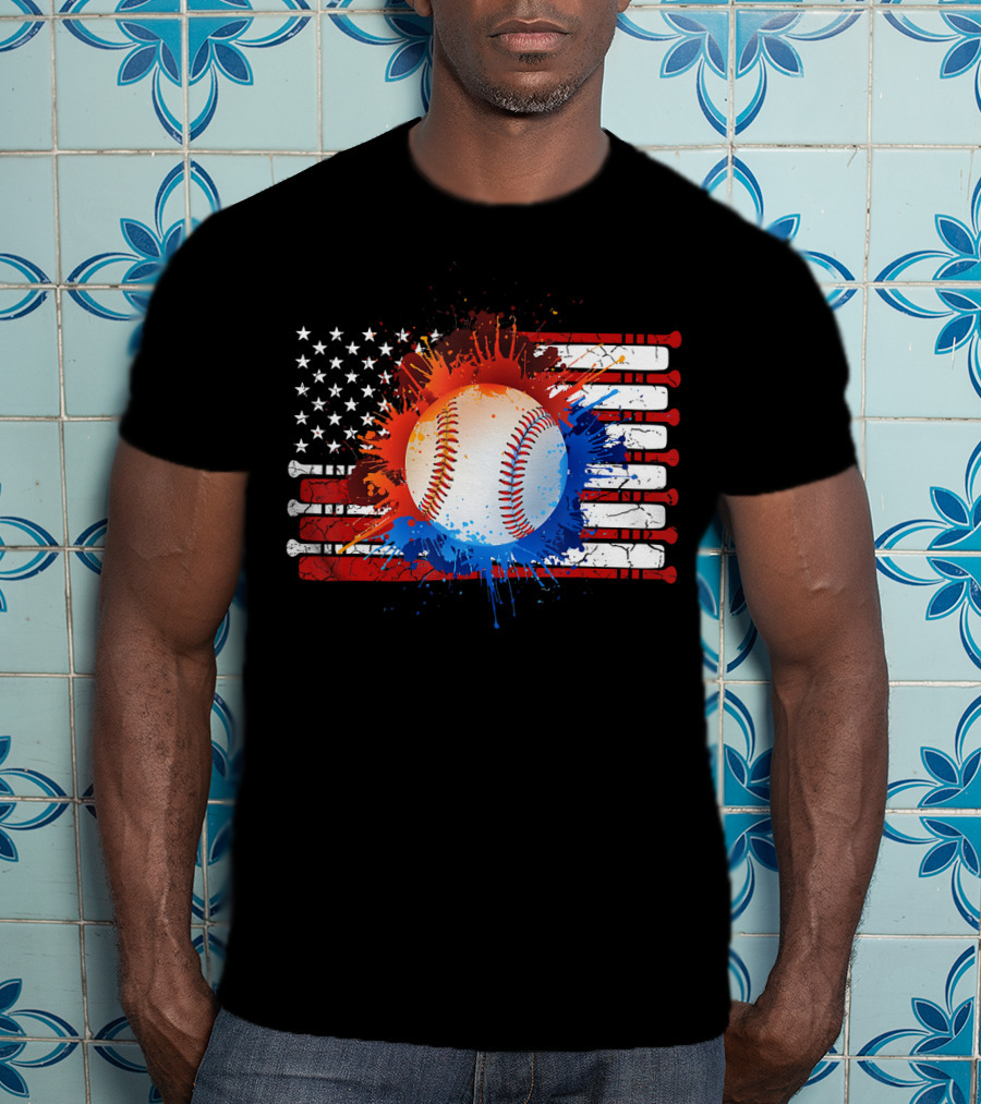 Vintage American Flag Baseball Softball With Paint Splatter And Bat Stripes T-Shirt