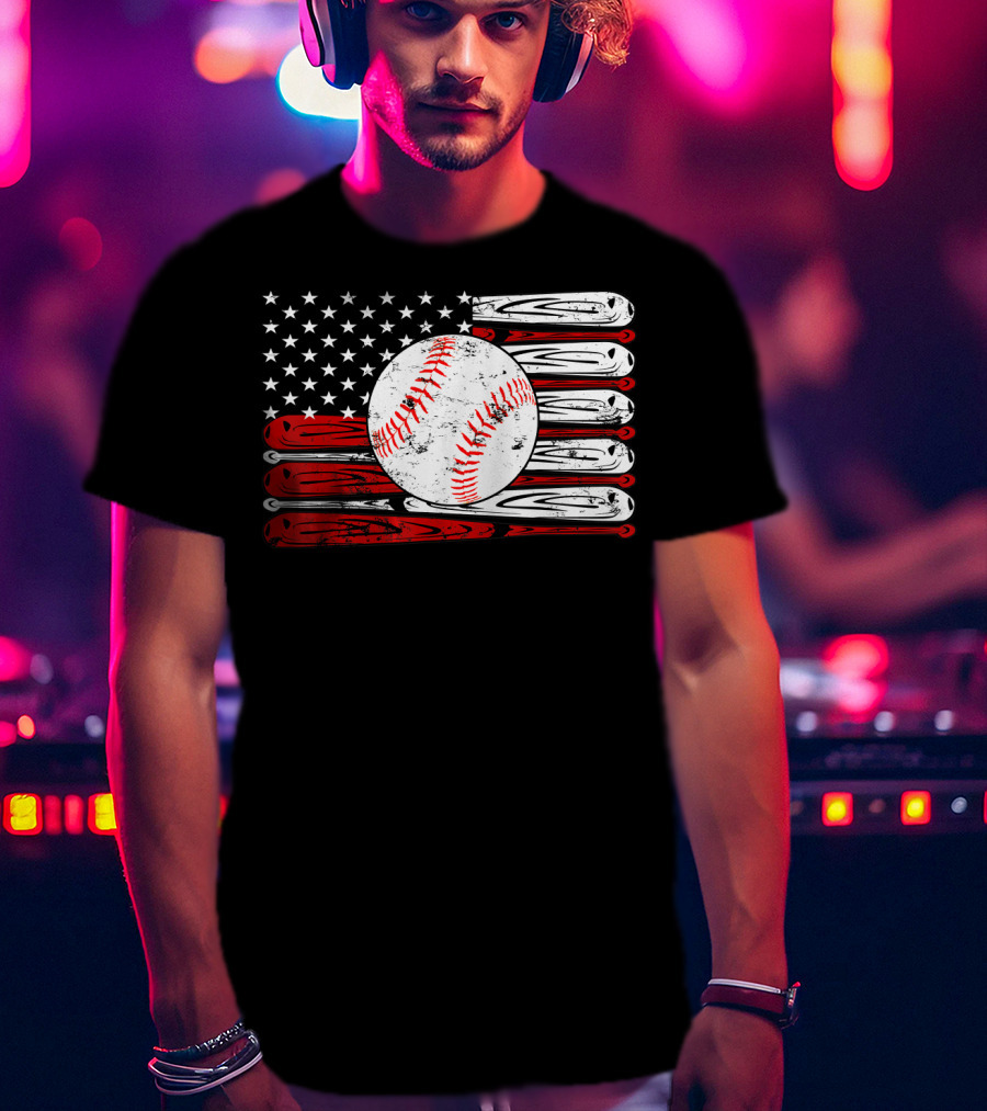 American Flag Vintage Baseball Bat Sports T-Shirt