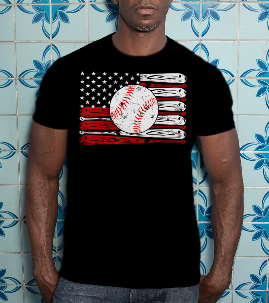 American Flag Vintage Baseball Bat Sports T-Shirt