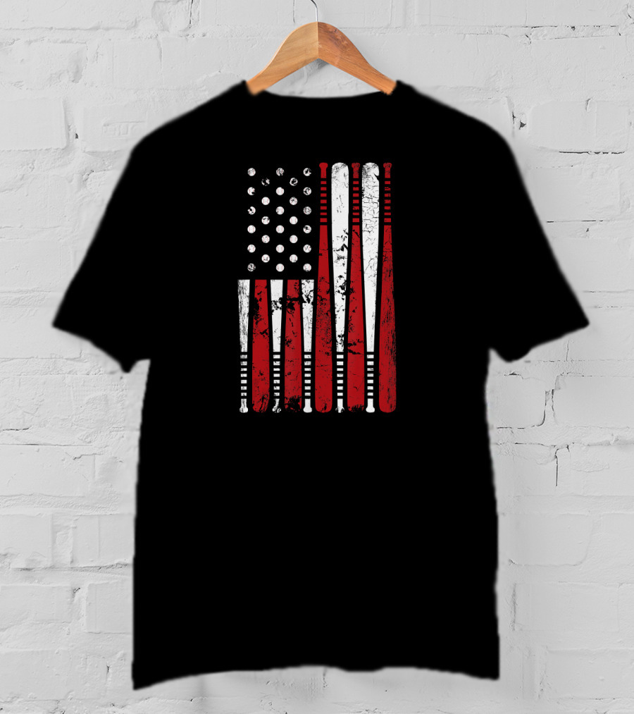 Vintage Baseball Bat Stars And Stripes USA Flag T-Shirt