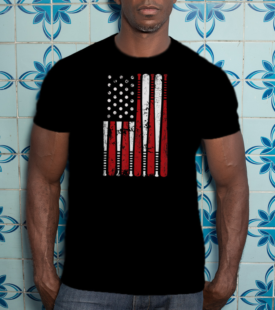 Vintage Baseball Bat Stars And Stripes USA Flag T-Shirt