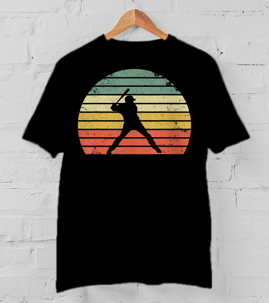 Vintage Baseball Batter Silhouette Retro Sunset Stripes T-Shirt