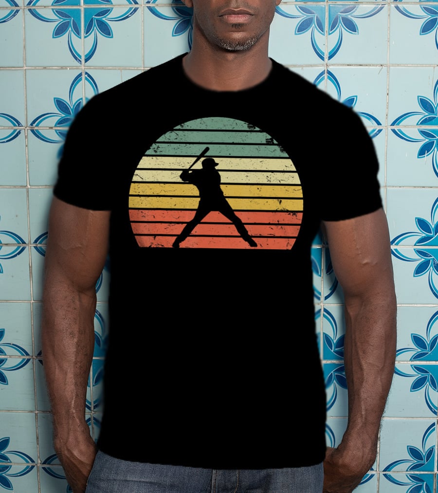 Vintage Baseball Batter Silhouette Retro Sunset Stripes T-Shirt