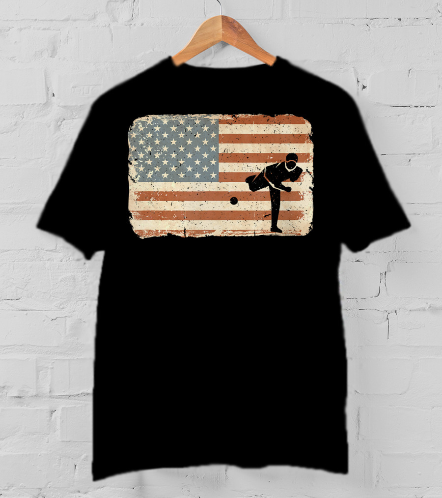 Vintage Baseball Pitcher Silhouette With American Flag Background T-Shirt