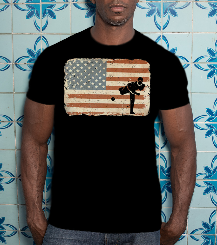 Vintage Baseball Pitcher Silhouette With American Flag Background T-Shirt