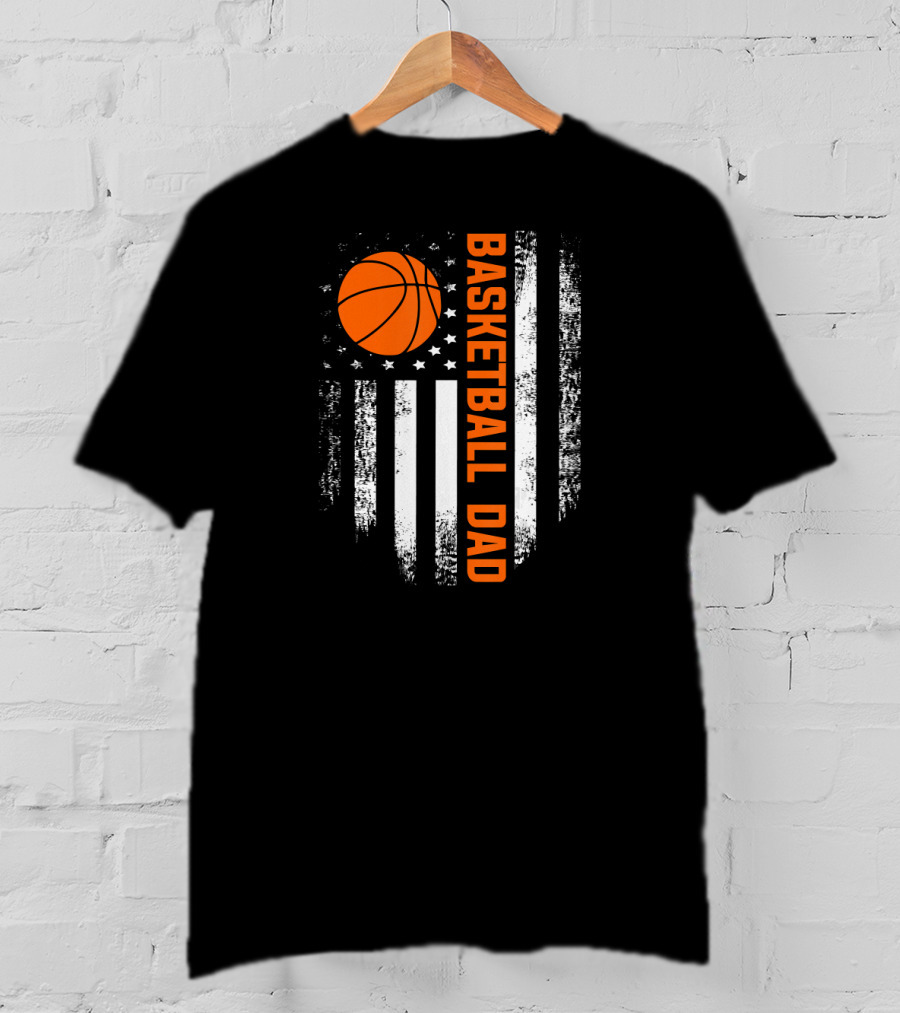 Vintage Basketball Dad American Flag Vertical Stripes And Orange Ball T-Shirt