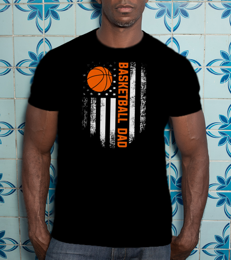 Vintage Basketball Dad American Flag Vertical Stripes And Orange Ball T-Shirt