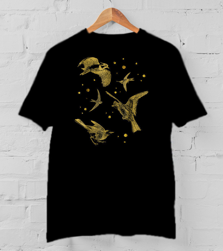 Vintage Flying Birds Humming Sparrow Gold T-Shirt