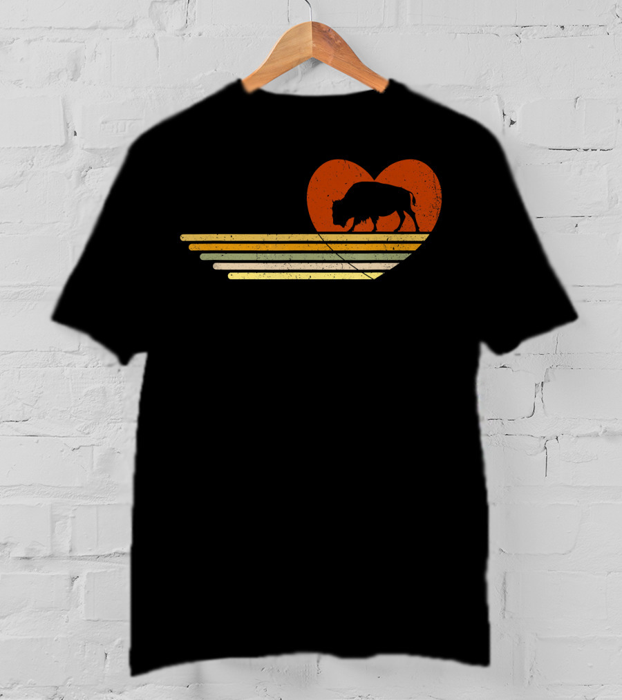 Vintage Bison Heart Retro Sunset Stripes T-Shirt