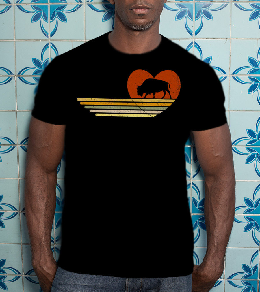 Vintage Bison Heart Retro Sunset Stripes T-Shirt