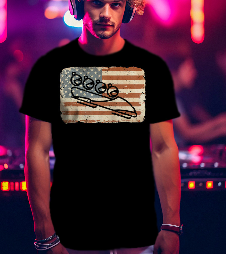 Vintage Bobsled Team On Distressed American Flag Background T-Shirt
