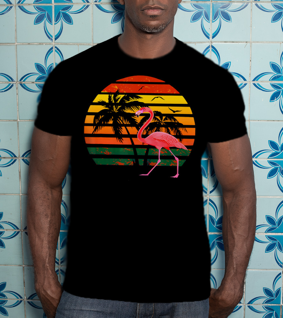 Vintage Flamingo Bird Tropical Sunset With Palm Trees And Birds T-Shirt