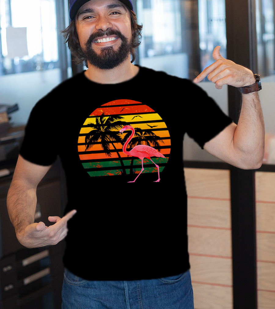 Vintage Flamingo Bird Tropical Sunset With Palm Trees And Birds T-Shirt