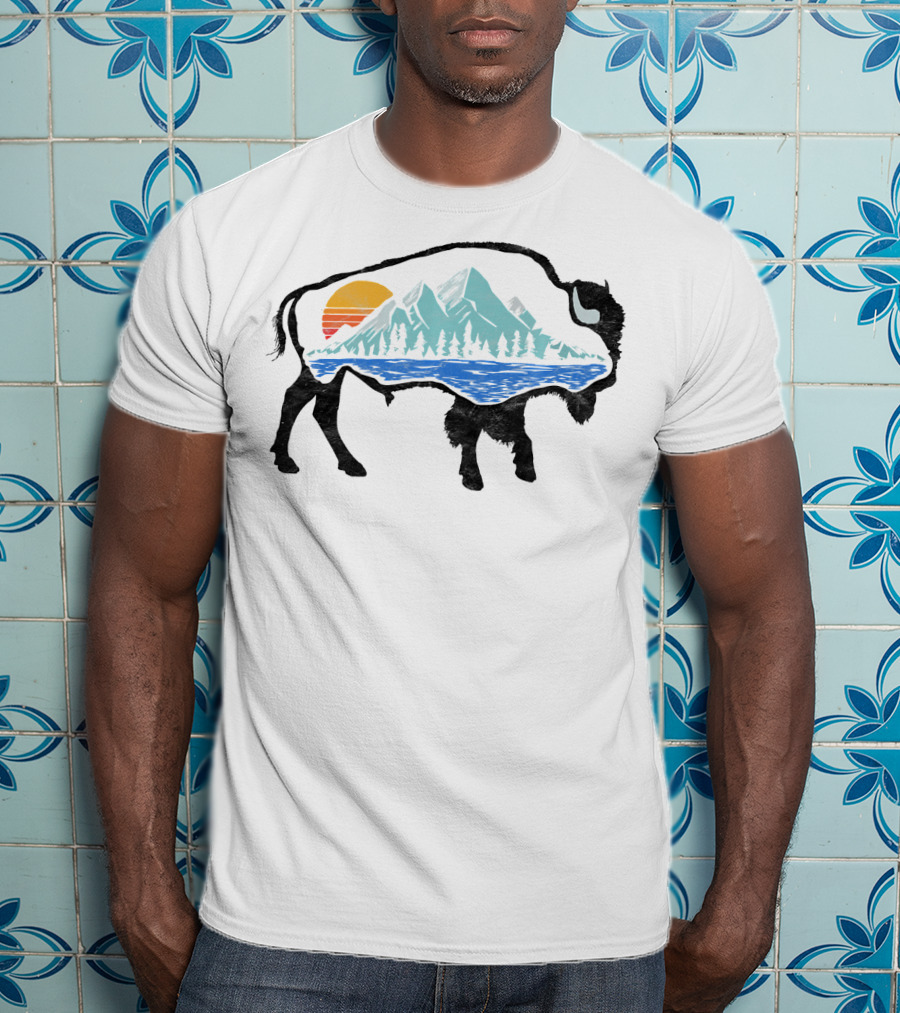 Vintage National Park Landscape Bison Mountain Sunset T-Shirt