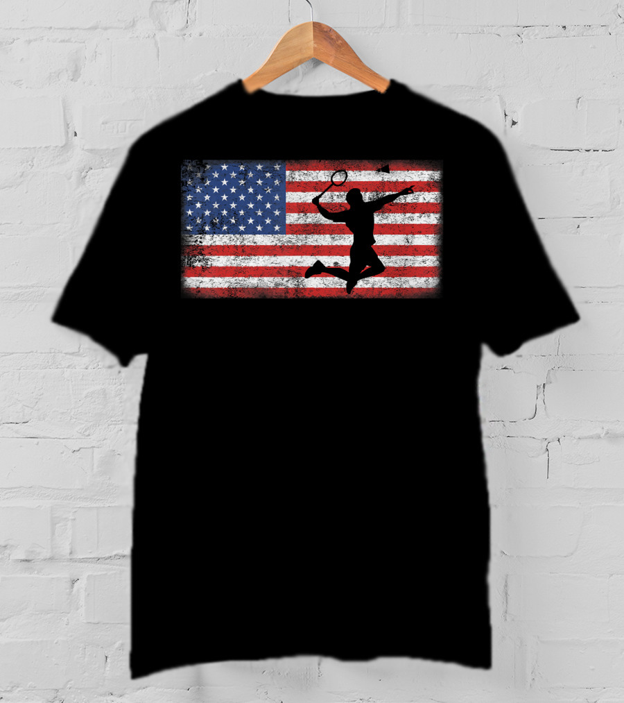 Vintage American Flag Badminton Player Silhouette Jumping Over T-Shirt