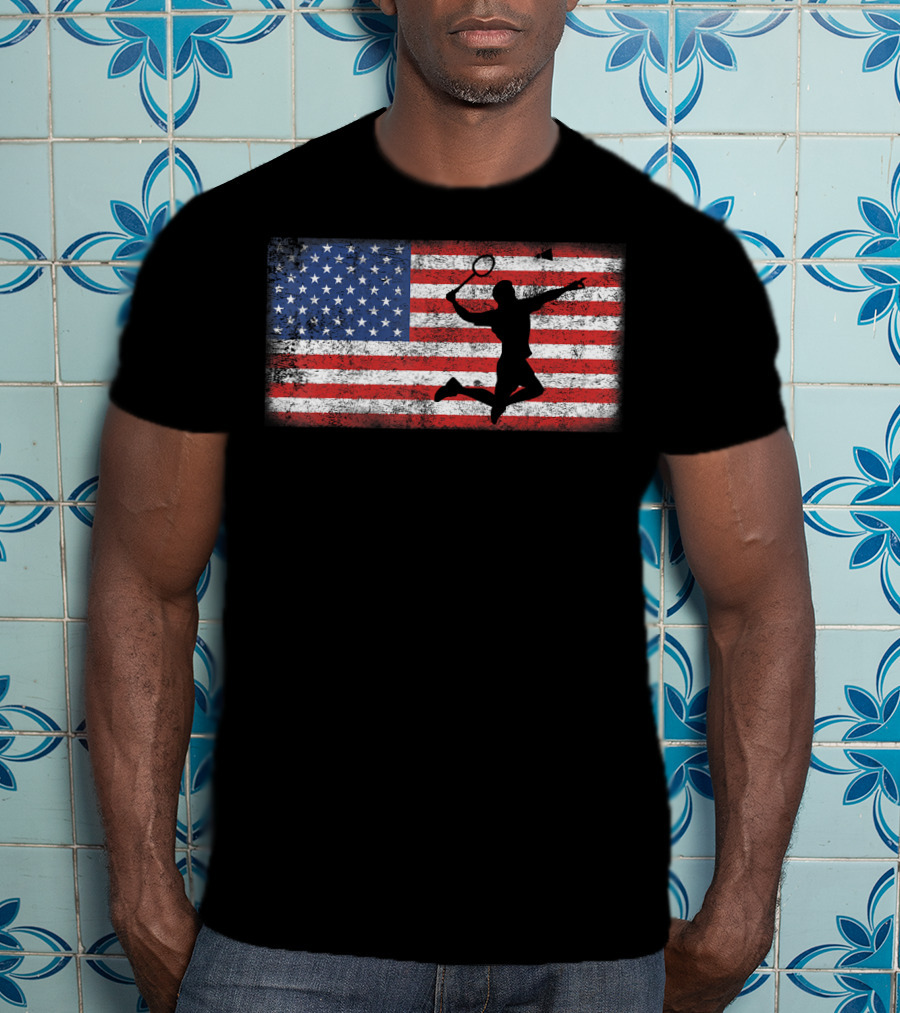 Vintage American Flag Badminton Player Silhouette Jumping Over T-Shirt