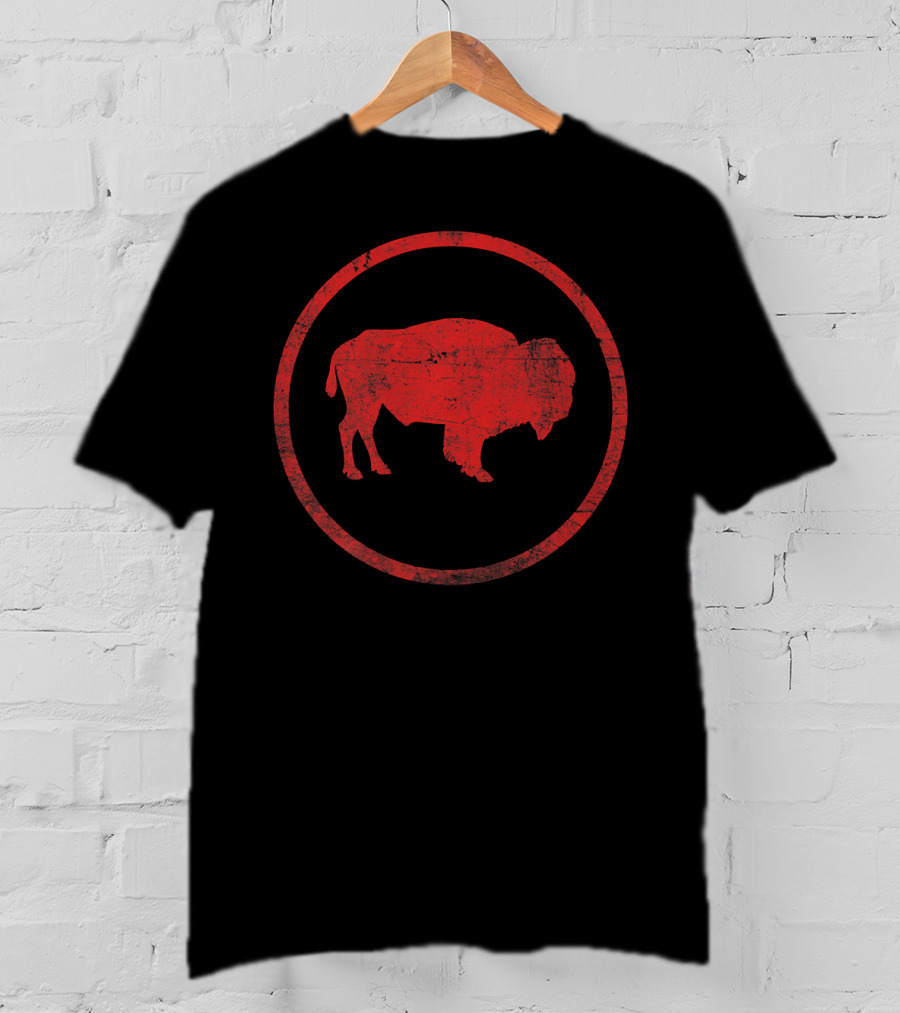 Vintage Distressed Red Bison American Buffalo Circle Emblem T-Shirt